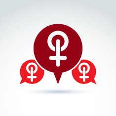 Speech bubble with a red female sign woman gender symbol