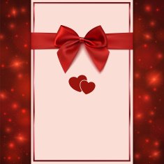 Greeting card template with red bow ribbon and two hearts