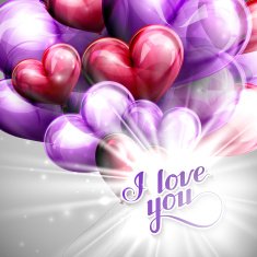 I love you label on balloon hearts background with flash