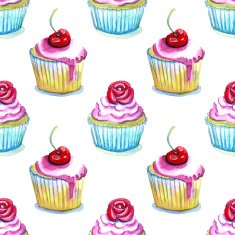 Watercolor cupcakes with cherry Pattern Background