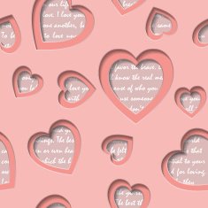 Seamless background with cut out hearts and text about love