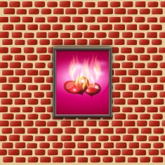 paintings with glowing hearts on a brick wall vector