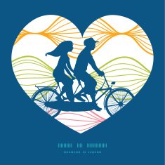 Vector colorful horizontal ogee couple on tandem bicycle heart silhouette