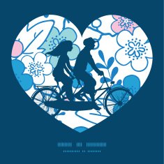 Vector blue and pink kimono blossoms couple on tandem bicycle