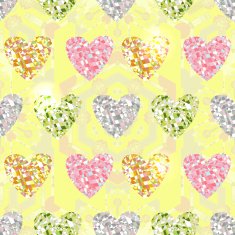 Seamless pattern with shiny hearts and geometric motifs