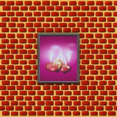 paintings with glowing hearts on a brick wall