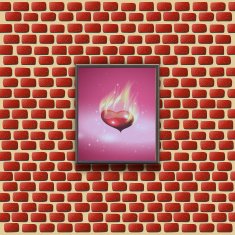 paintings with glowing hearts on a brick wall N2