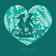 Vector emerald green plants couple on tandem bicycle heart silhouette