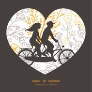Vector magical floral couple on tandem bicycle heart silhouette frame