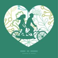 Vector mysterious green garden couple on tandem bicycle heart silhouette