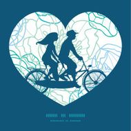 Vector blue line art flowers couple on tandem bicycle heart