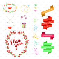 Vector wedding set with birds hearts arrows ribbons wreaths flowers