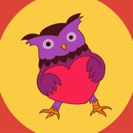 Purple owl with a heart valentine's day card N2