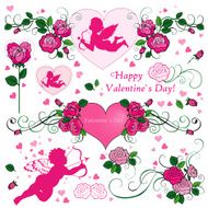Set of silhouettes cupids and roses