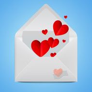 White realistic open envelope with red paper hearts