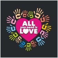 Colored handprints and pink heart - vector illustration