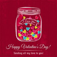 red valentine card jar filled with heart and wishes text