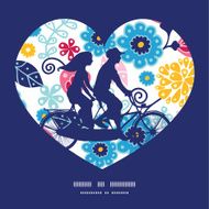 Vector fairytale flowers couple on tandem bicycle heart silhouette frame