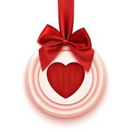 Badge with heart red ribbon and bow isolated on white