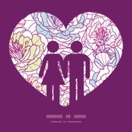 Vector colorful line art flowers couple in love silhouettes frame N2
