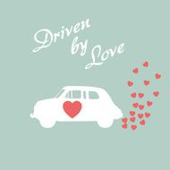 Vintage car driven by love romantic postcard design for Valentine