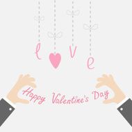 Businessman hands holding Valentines day Hanging hearts Flat design