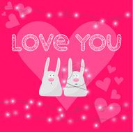 funny cartoon rabbits couple hand-drawing love words for wedding card