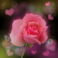 Pink rose on soft background with hearts