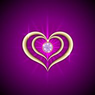 Vector abstract bright purple background with golden hearts and gemstone