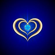 Vector abstract bright blue background with golden hearts and gemstone