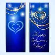 Vector Saint Valentine blue greeting card with hearts and golden