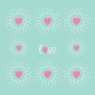 Card with pink shining hearts and word love Flat design