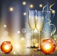 romantic christmas background with two glasses and balls