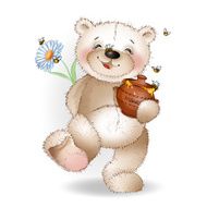 Happy bear comes with a gift to the honey pot