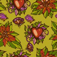 seamless pattern of flowers leaves hearts and butterflies