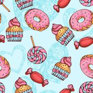 seamless pattern of donuts candies and lollypops with hearts ba