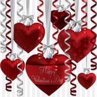 Curling ribbon heart bauble Happy Valentine&#039;s Day card in vector
