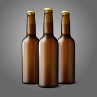 Three blank brown realistic beer bottles isolated on grey background