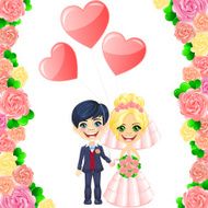 Vector wedding invitation with cute cartoon bride and groom