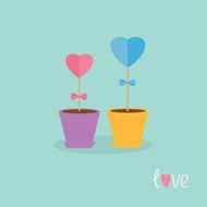 Two heart stick flowers in the pots word love Flat