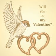 Sketch hearts and sparrow in vintage style