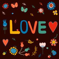 Romantic concept card with hearts flowers and cartoon butterflies