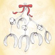 hand drawn christmas mistletoe branch with red bow N2