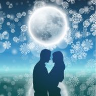 Couple over background with moon and snowflakes N3