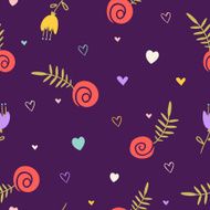Cute seamless pattern with roses tulips and hearts