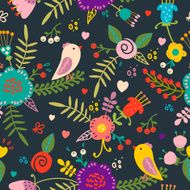 Beautiful vintage floral seamless pattern with birds on dark background