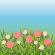 vector stylized field with grass and spring flowers