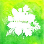 Green watercolor background with white leaves silhouettes