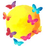 colorful watercolor butterfly with a round label