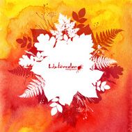 Orange watercolor background with white leaves silhouettes